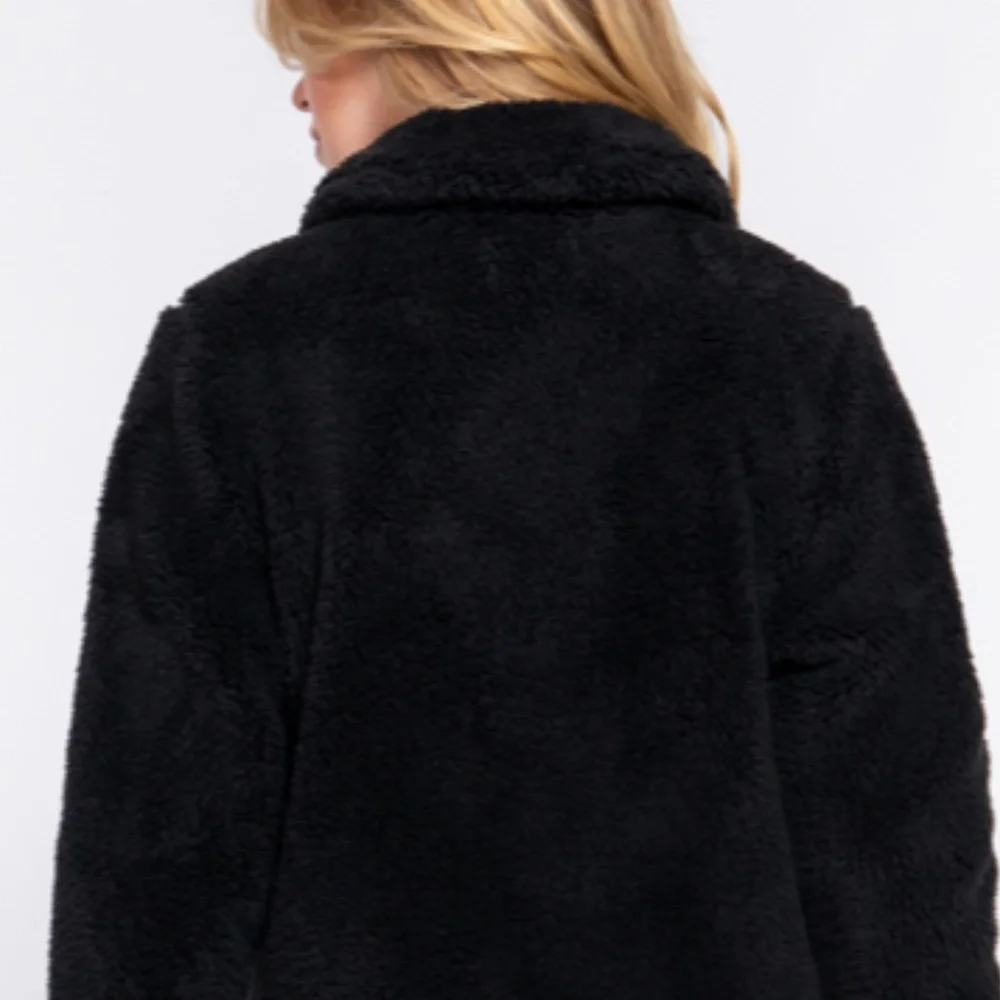NEW Soft Faux Fur Notched Collar Patch Pocket Sherpa Coat- Button Front- S-M-L - Picture 4 of 9